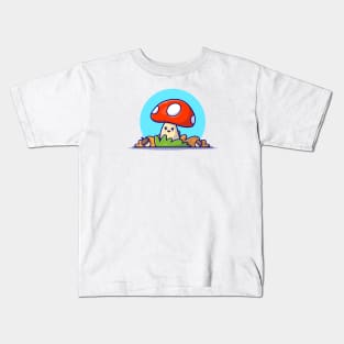 Happy Cute Mushroom with Acorns Autumn Cartoon Vector Icon Illustration Kids T-Shirt